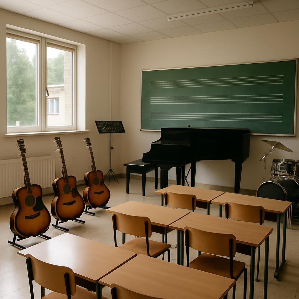 An image of a music classroom, featuring multiple Guitars plus a piano plus a large chalkboard with music staff laying acr...