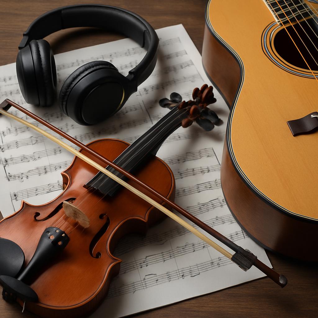 The violin, sheet music, headphones, and acoustic guitar.
