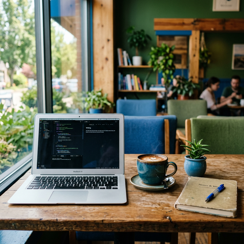 Laptop displaying code beside coffee, succulent, and notebook in a café